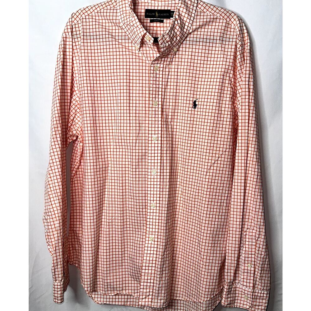 Ralph Lauren Mens Size XXL Slim Fit Orange White Check Long Sleeve Button up